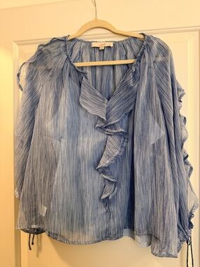 LOFT Light Blue Sheer Ruffle Pintuck Blouse